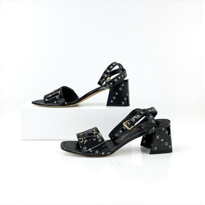 Louis Vuitton Shakeline Monogram Sandals Shoes Patent Black Gold LV Logo