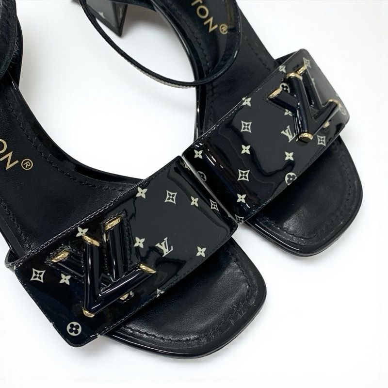 Louis Vuitton Shakeline Monogram Sandals Shoes Patent Black Gold LV Logo