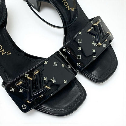 Louis Vuitton Shakeline Monogram Sandals Shoes Patent Black Gold LV Logo