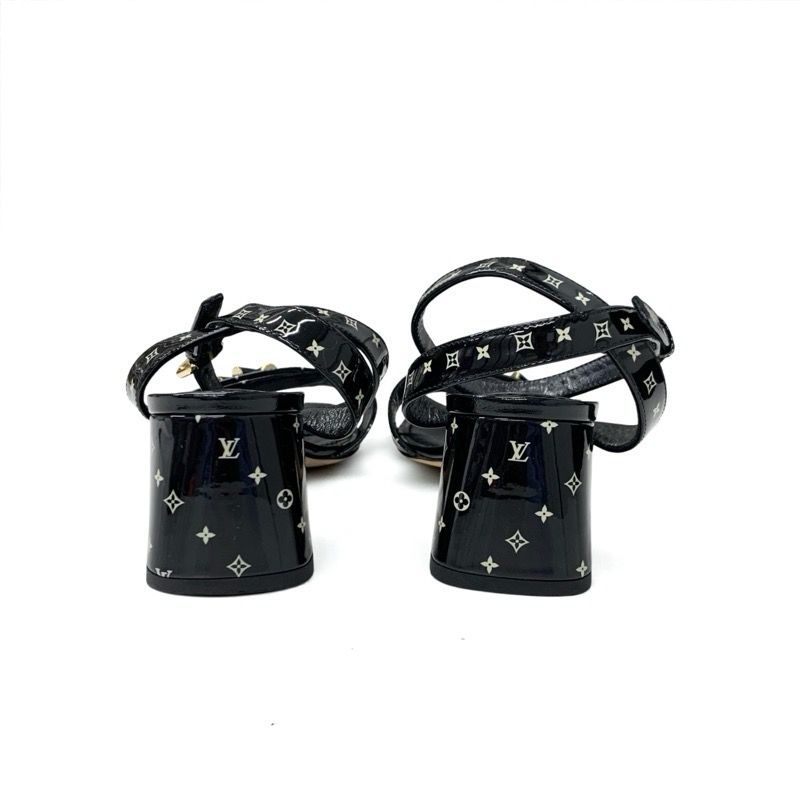 Louis Vuitton Shakeline Monogram Sandals Shoes Patent Black Gold LV Logo