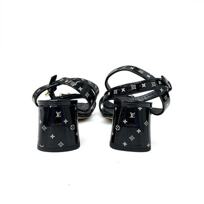 Louis Vuitton Shakeline Monogram Sandals Shoes Patent Black Gold LV Logo