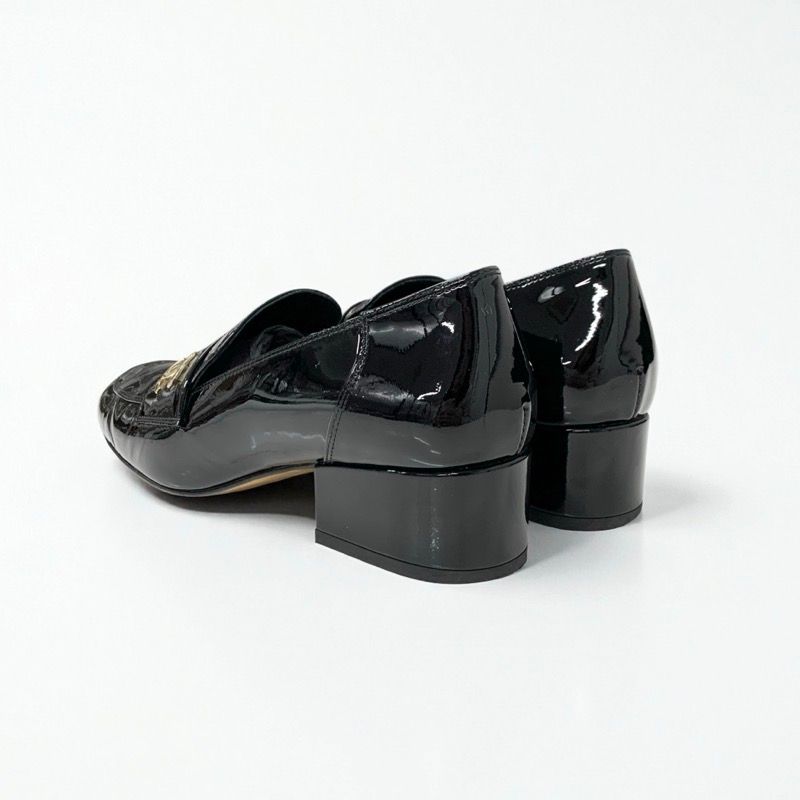 Chanel Loafers Shoes Patent Leather Black Gold CC Logo