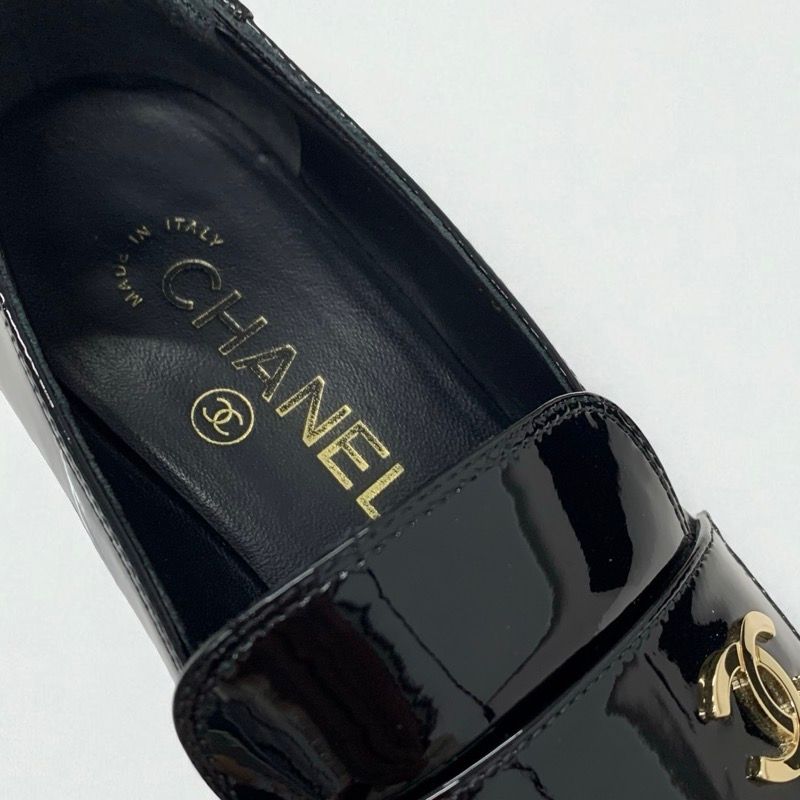 Chanel Loafers Shoes Patent Leather Black Gold CC Logo