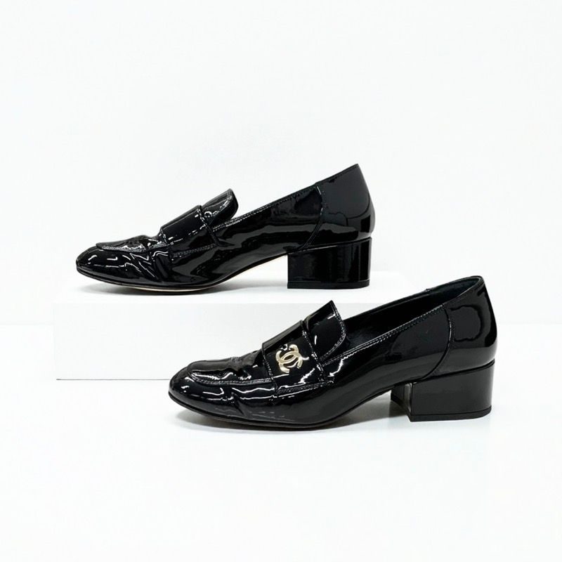 Chanel Loafers Shoes Patent Leather Black Gold CC Logo
