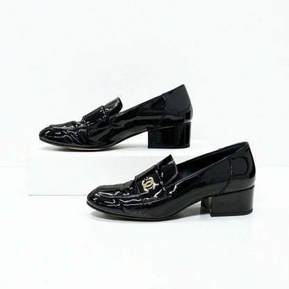 Chanel Loafers Shoes Patent Leather Black Gold CC Logo