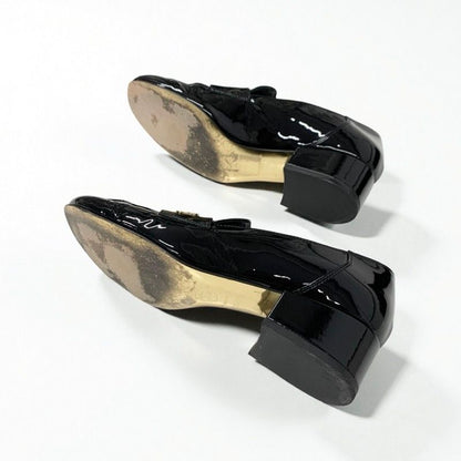 Chanel Loafers Shoes Patent Leather Black Gold CC Logo