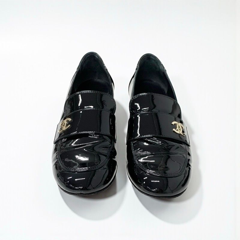 Chanel Loafers Shoes Patent Leather Black Gold CC Logo