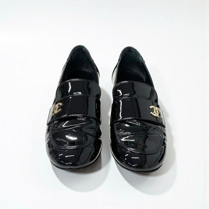 Chanel Loafers Shoes Patent Leather Black Gold CC Logo