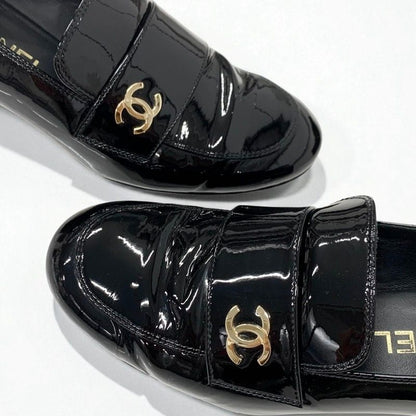 Chanel Loafers Shoes Patent Leather Black Gold CC Logo