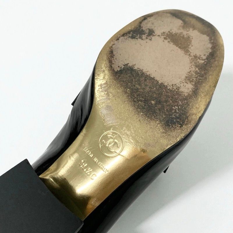 Chanel Loafers Shoes Patent Leather Black Gold CC Logo