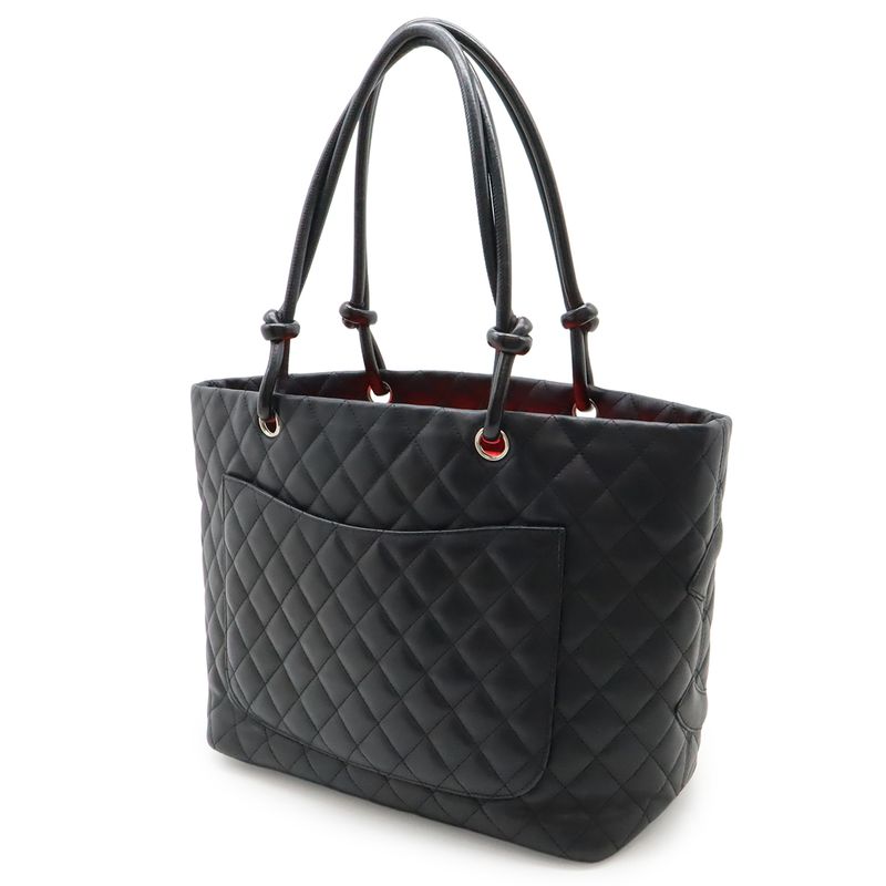 Chanel Cambon Line CC Logo Large Tote Shoulder Bag Soft Calf Black Pink
