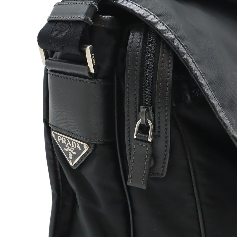 Prada Shoulder Bag Crossbody Nylon Leather Nero Black Silver Hardw