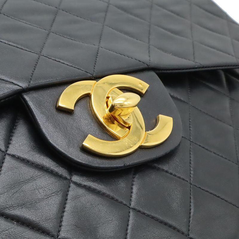 Chanel Big Quilted CC Logo Chain Shoulder Bag Chain Leather Black Gold