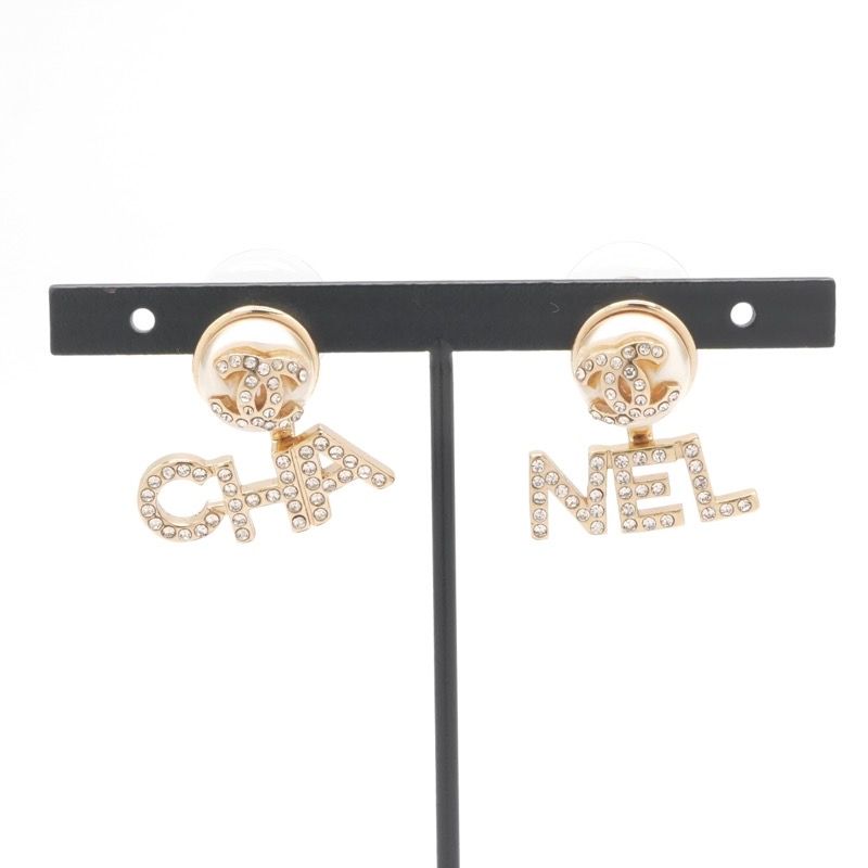 Chanel Earrings Gold CC Logo Rhinestone