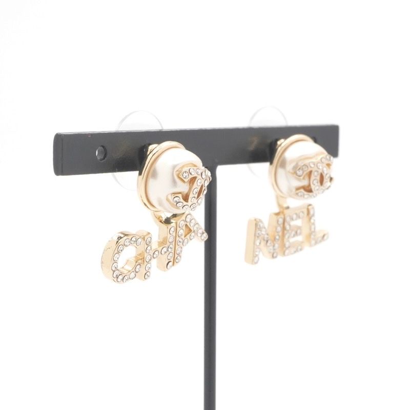 Chanel Earrings Gold CC Logo Rhinestone