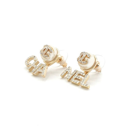 Chanel Earrings Gold CC Logo Rhinestone
