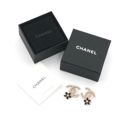 Chanel Earrings Gold Black CC Logo Rhinestone Flower