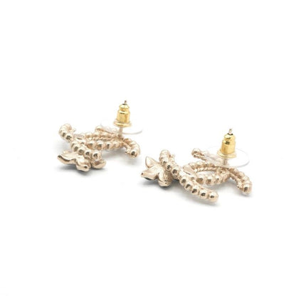 Chanel Earrings Gold Black CC Logo Rhinestone Flower