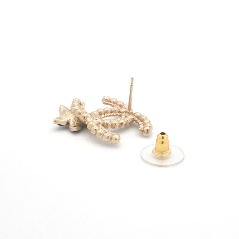 Chanel Earrings Gold Black CC Logo Rhinestone Flower