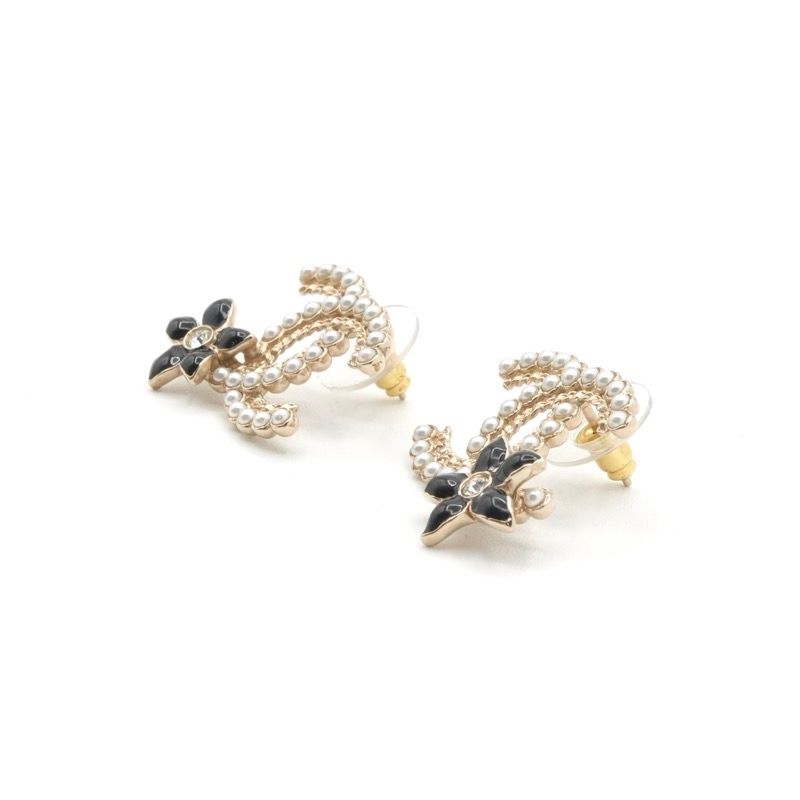 Chanel Earrings Gold Black CC Logo Rhinestone Flower