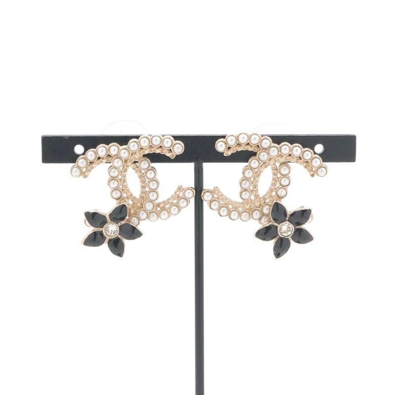 Chanel Earrings Gold Black CC Logo Rhinestone Flower