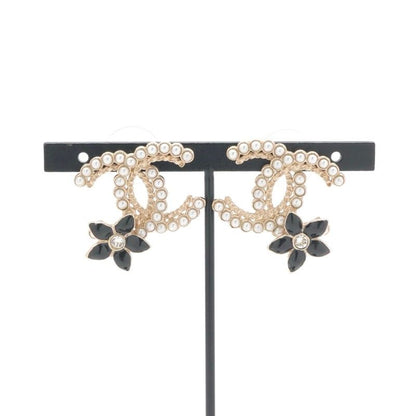 Chanel Earrings Gold Black CC Logo Rhinestone Flower