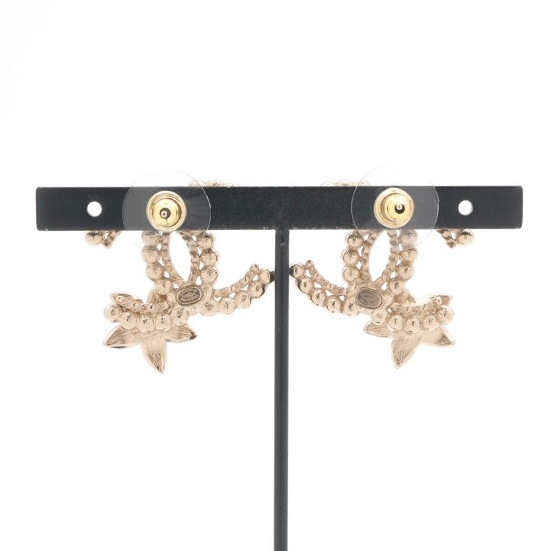 Chanel Earrings Gold Black CC Logo Rhinestone Flower