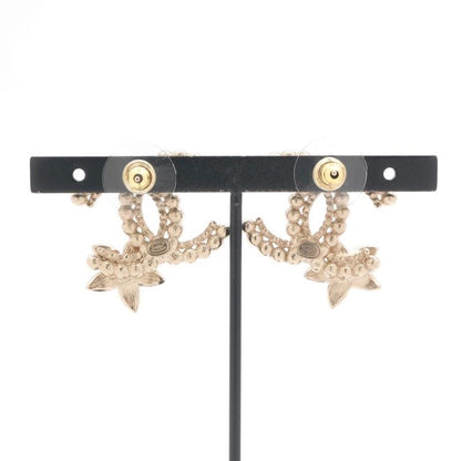 Chanel Earrings Gold Black CC Logo Rhinestone Flower