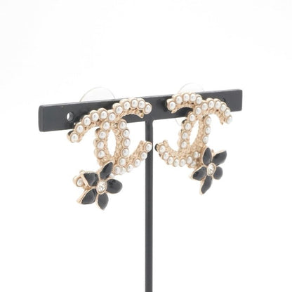 Chanel Earrings Gold Black CC Logo Rhinestone Flower