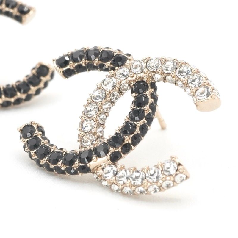 Chanel Earrings Gold Black CC Logo Rhinestone
