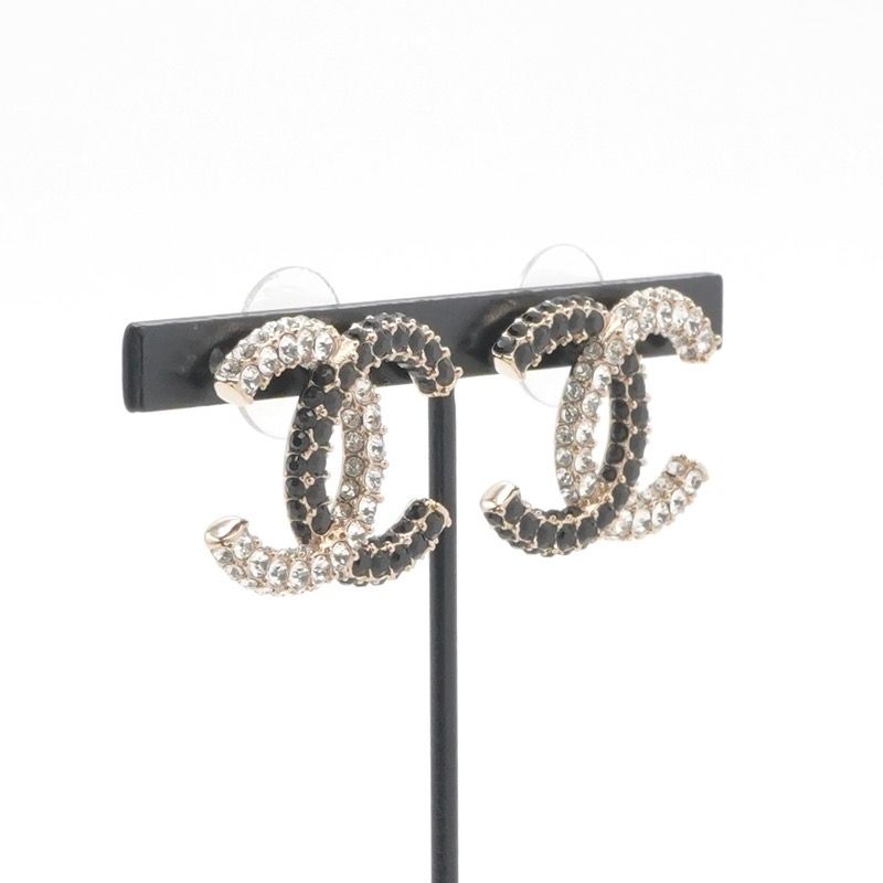 Chanel Earrings Gold Black CC Logo Rhinestone