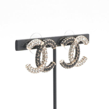 Chanel Earrings Gold Black CC Logo Rhinestone