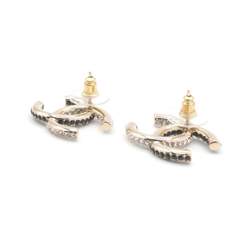 Chanel Earrings Gold Black CC Logo Rhinestone
