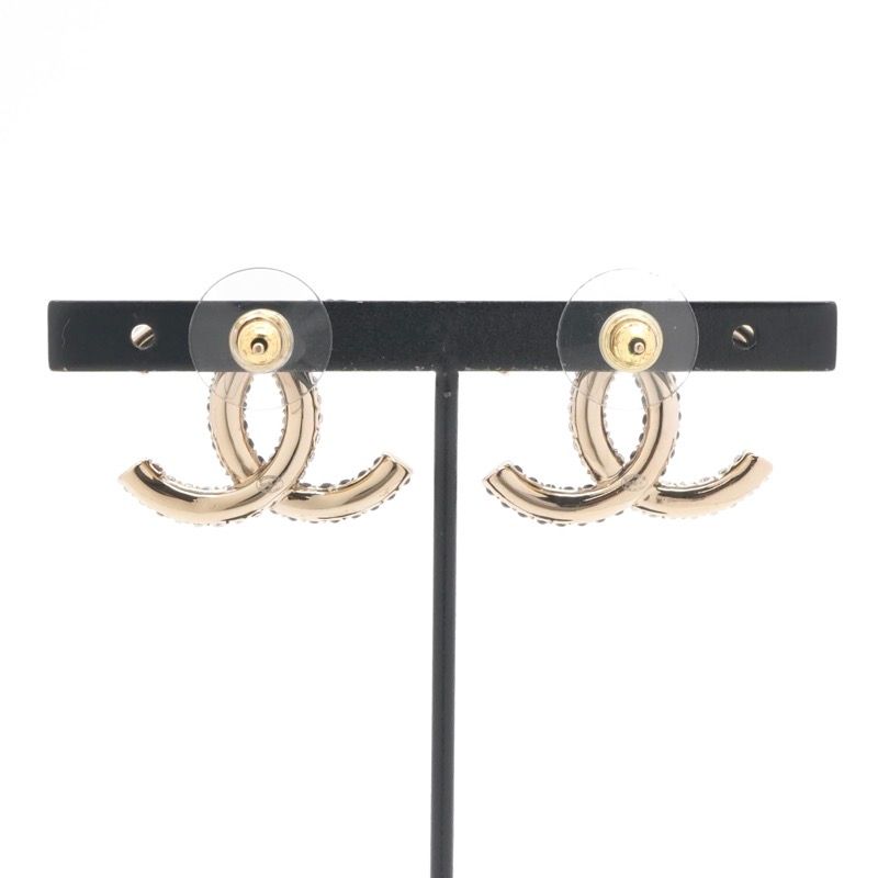 Chanel Earrings Gold Black CC Logo Rhinestone