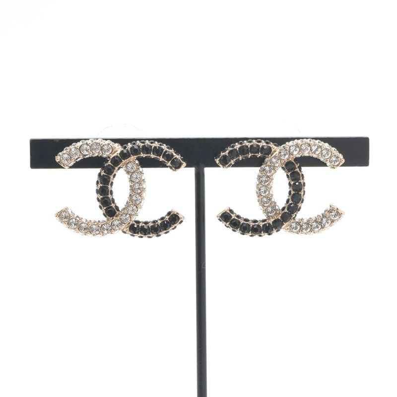 Chanel Earrings Gold Black CC Logo Rhinestone