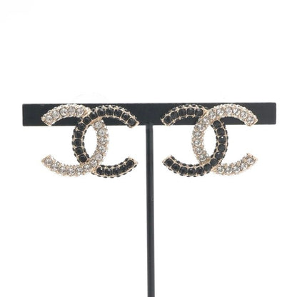 Chanel Earrings Gold Black CC Logo Rhinestone