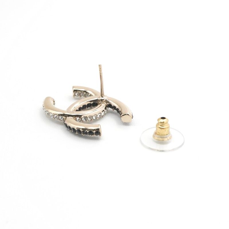 Chanel Earrings Gold Black CC Logo Rhinestone