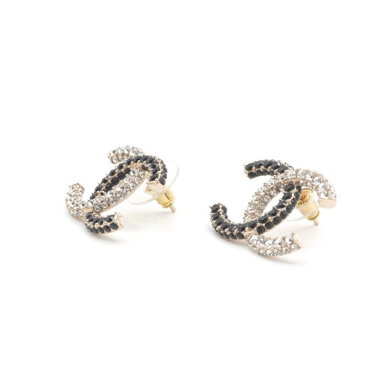 Chanel Earrings Gold Black CC Logo Rhinestone