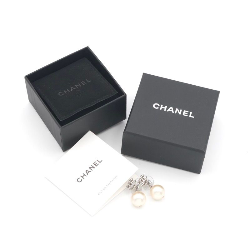 Chanel Earrings Silver CC Logo Rhinestone