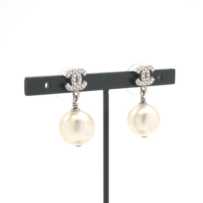 Chanel Earrings Silver CC Logo Rhinestone