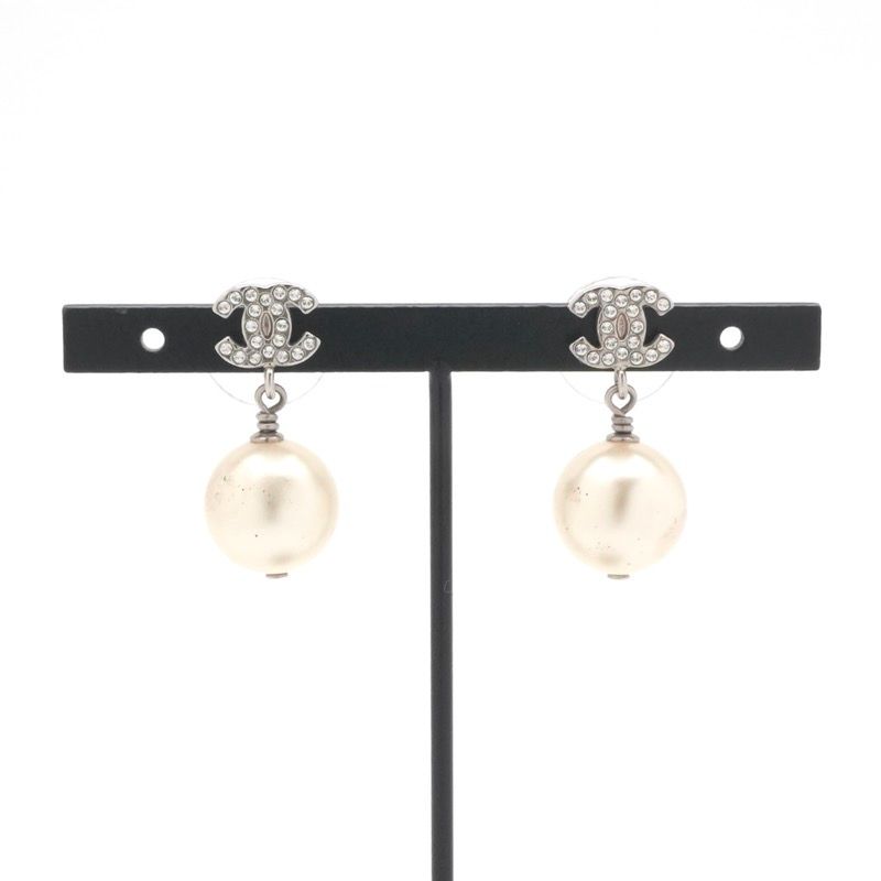 Chanel Earrings Silver CC Logo Rhinestone