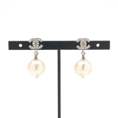 Chanel Earrings Silver CC Logo Rhinestone