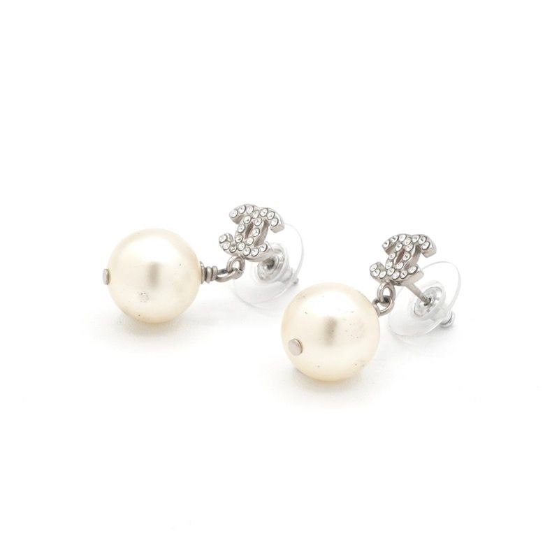Chanel Earrings Silver CC Logo Rhinestone