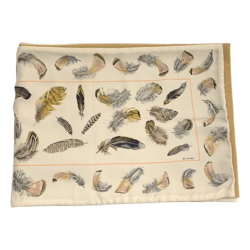 Hermes Feather Reversible Shawl Muffler Feather Pattern Beige Scarf