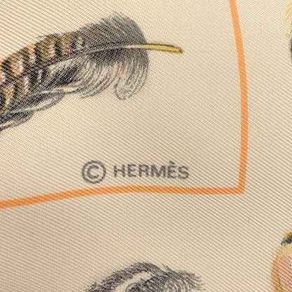 Hermes Feather Reversible Shawl Muffler Feather Pattern Beige Scarf