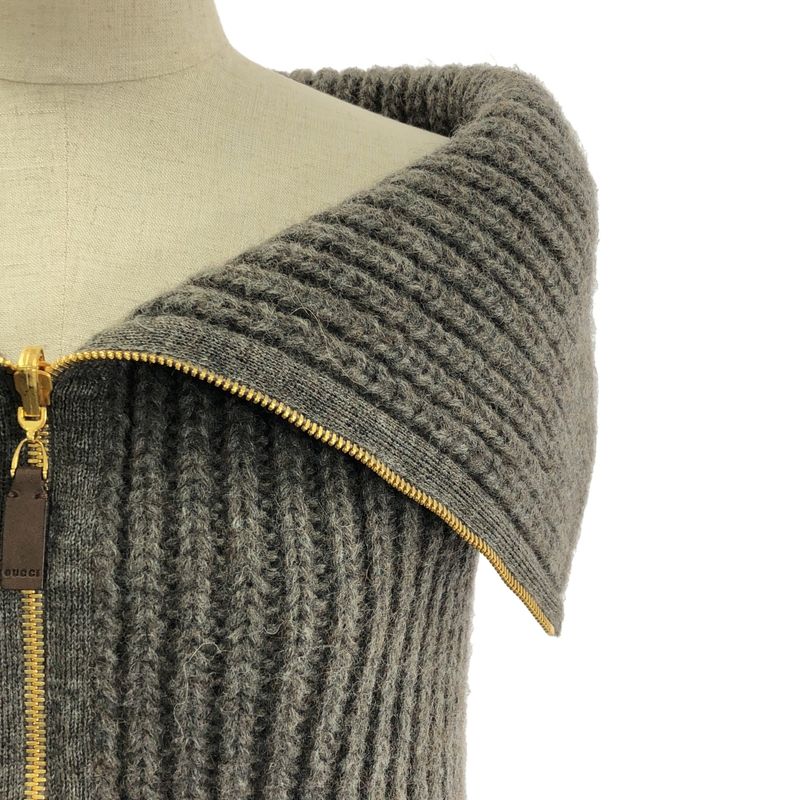 Gucci Alpaca Wool Zip Fringe Knit Cape Poncho S Brown