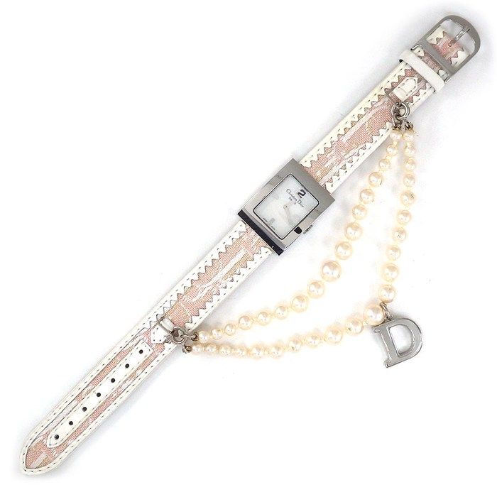 Dior Christian Watch Maris Square White Shell Dial Pearl Chain D Logo