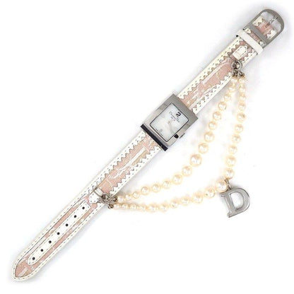 Dior Christian Watch Maris Square White Shell Dial Pearl Chain D Logo