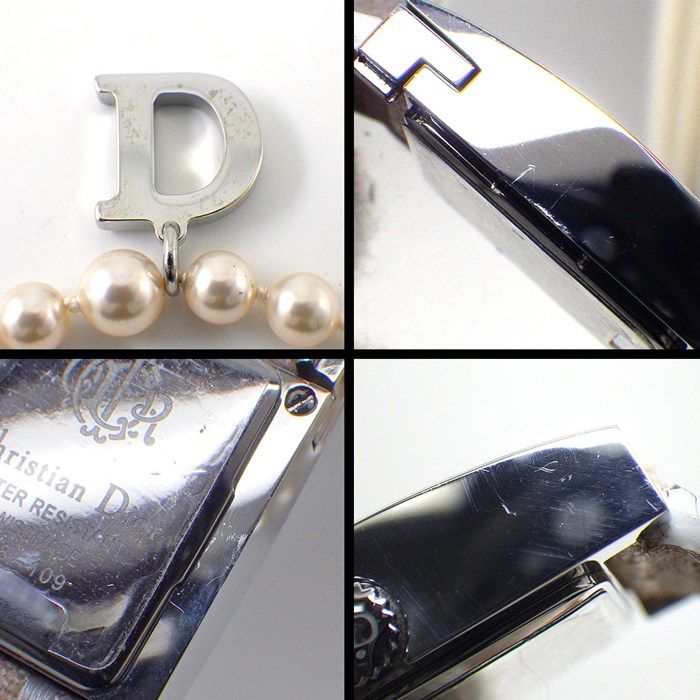 Dior Christian Watch Maris Square White Shell Dial Pearl Chain D Logo