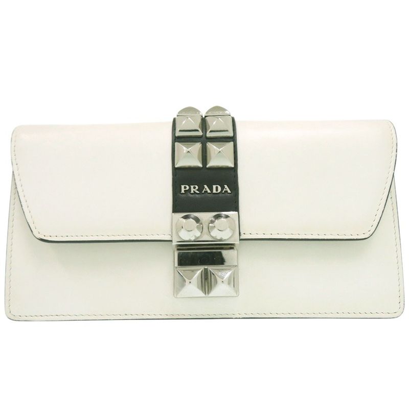 Prada Studded Chain Wallet Crossbody Long Leather White